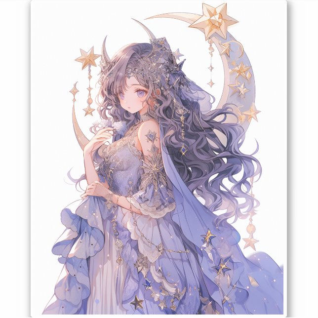 Pegatina Anime Chica Purple Moon Princess Fantasy Art (Anverso)