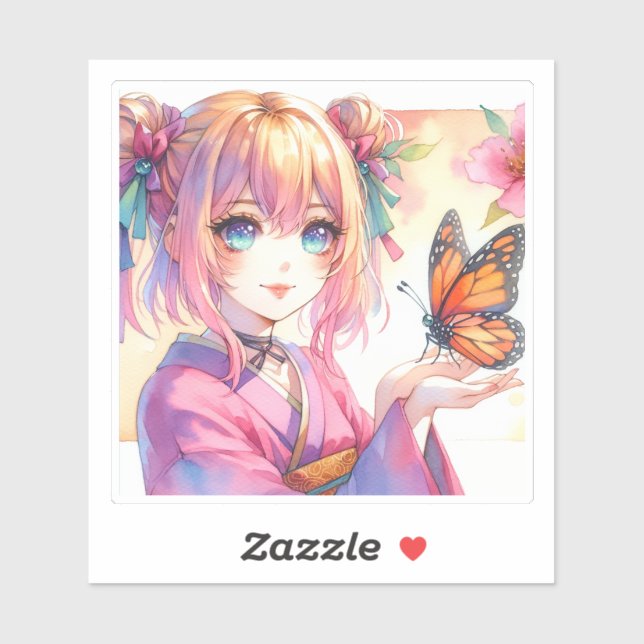 Pegatina Anime Chica sostiene una mariposa (Hoja)