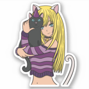 Pegatina Anime Chica y un gato bonito