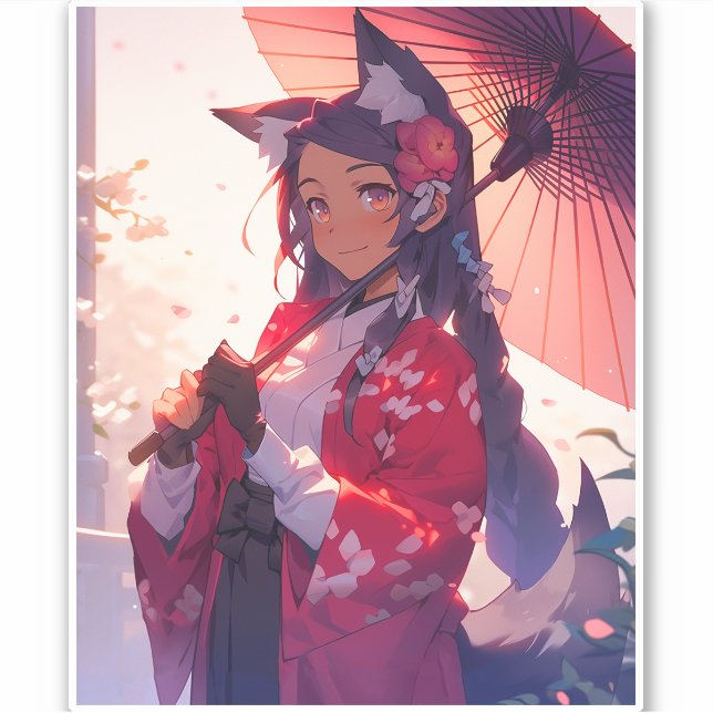 Pegatina Anime Kitsune Chica Cute Fox Fantasy Art (Anverso)
