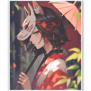 Pegatina Anime Kitsune Chica Cute Fox Fantasy Art