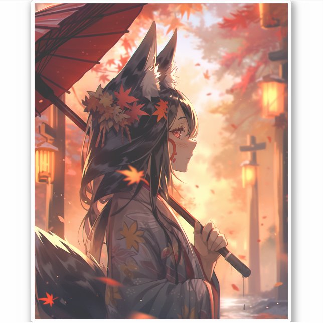 Pegatina Anime Kitsune Chica Cute Fox Fantasy Art (Anverso)