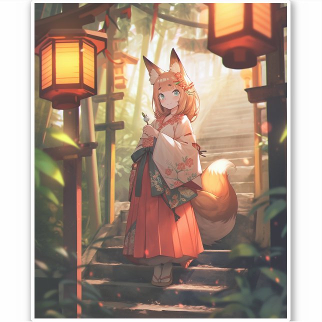 Pegatina Anime Kitsune Chica Cute Fox Fantasy Art (Anverso)