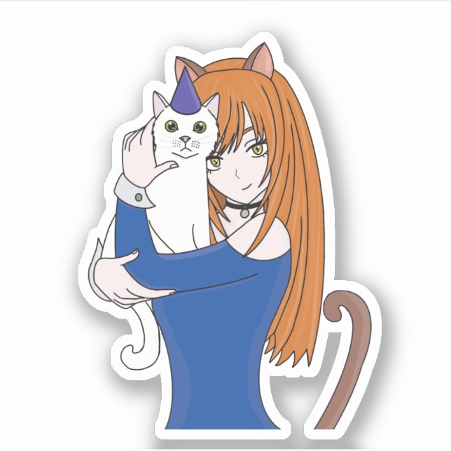 Pegatina Anime Manga Chica y gato (Anverso)