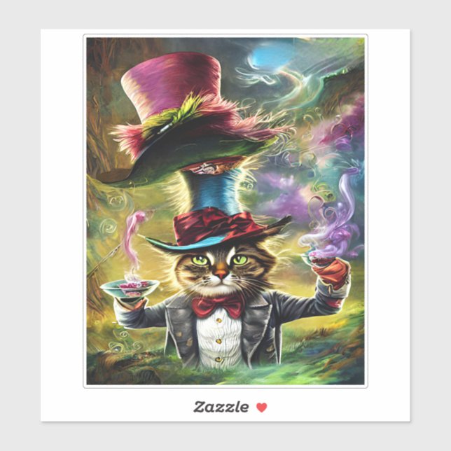 Pegatina antropomórfico Cat Mad Hatter Fantasy Fairytale (Hoja)