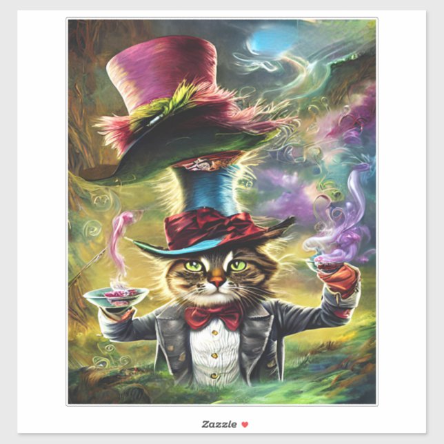 Pegatina antropomórfico Cat Mad Hatter Fantasy Fairytale (Hoja)