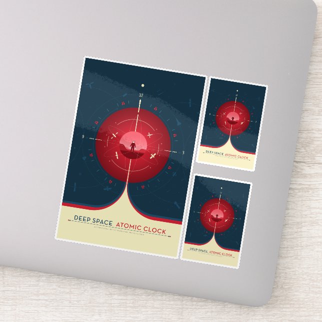 Pegatina Anuncio de ciencia ficción, reloj atómico rojo, es (Detalle)