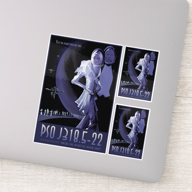 Pegatina Anuncio de viajes de Sci-Fi, Planet PSO J318.5-22 (Detalle)