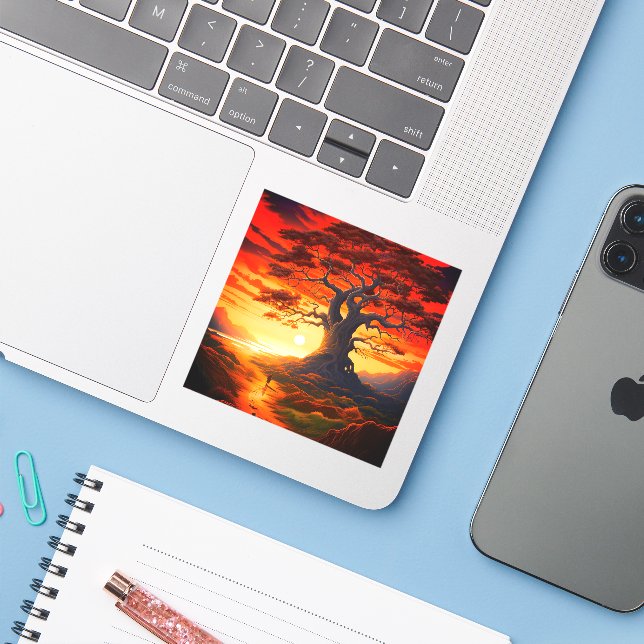 Pegatina Árbol de bonito al atardecer (Ordenado portátil con iPhone)