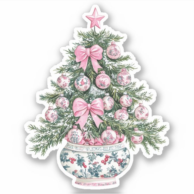 Pegatina Árbol de Navidad Preppy Pink and Green Chinoiserie (Anverso)