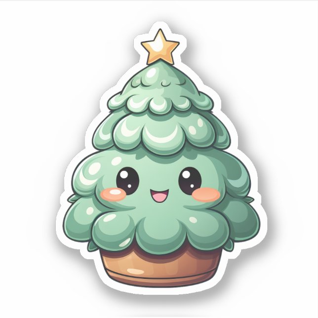 Pegatina Árbol de Navidad Super Cute Sonriente Verde Kawaii (Anverso)