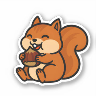 Pegatina Ardilla Feliz y Lindo Comiendo Bellota Dibujo Anim