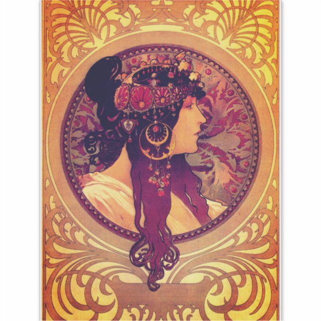 Pegatina Art Nouveau Alphonse Mucha Donna Mujer elegante (Anverso)