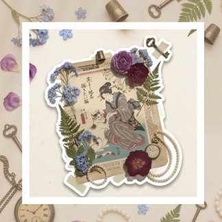 Pegatina Arte de Collage Elegante Ukiyoe – Belleza Vintage 