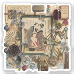 Pegatina Arte de Collage Ukiyoe Elegante – Belleza Vintage 