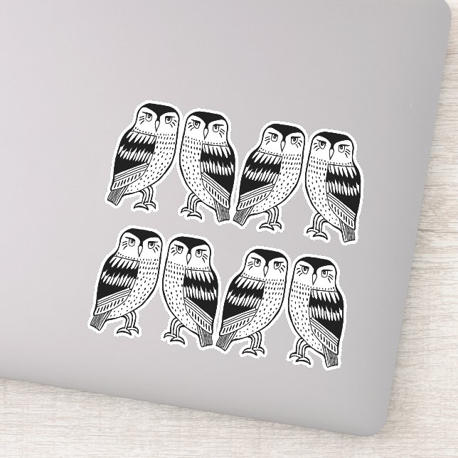 Pegatina Arte de dibujo de líneas de búhos sabios negros (Detalle)