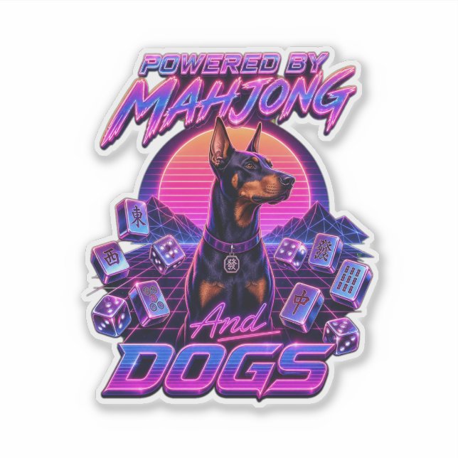 Pegatina Arte de Doberman Synthwave Mahjong & Perros (Anverso)