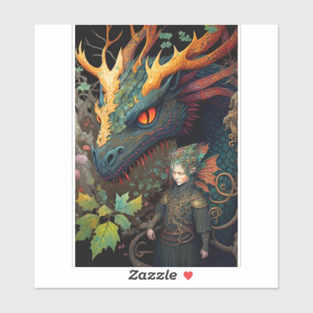 Pegatina Arte De Fantasía De Elf Y Dragon (Hoja)