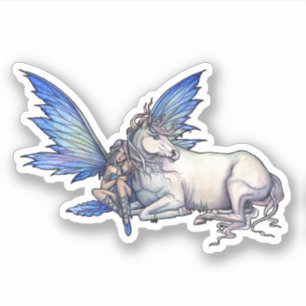 Pegatina Arte de fantasía de Hada y Unicornio emparentados