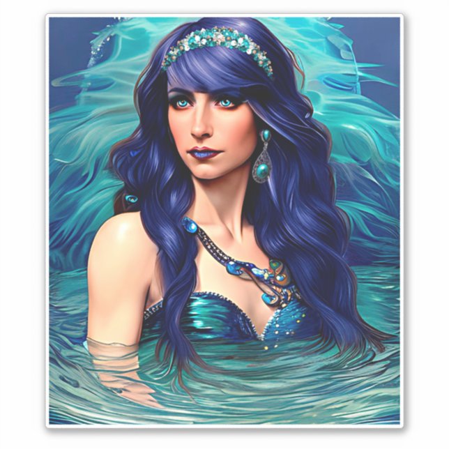 Pegatina arte de fantasía original Reina Sirena Piscis azul (Anverso)