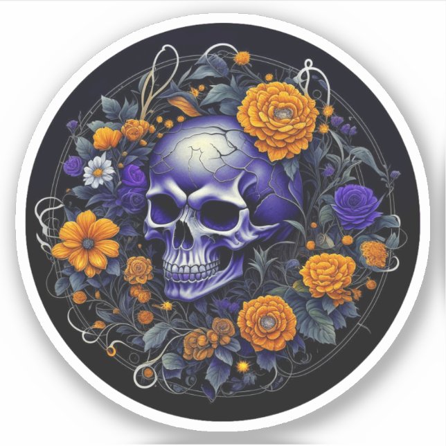 Pegatina Arte de IA de calavera y flores naranjas (Anverso)