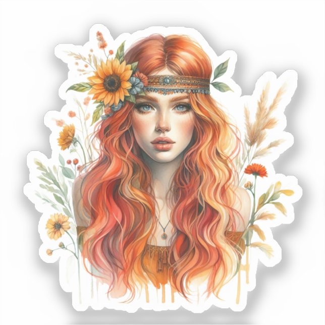 Pegatina Arte de IA de Chica Boho Moda Bohemia (Anverso)