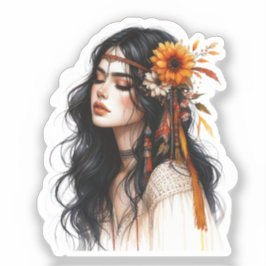 Pegatina Arte de IA de Chica Boho Moda Bohemia