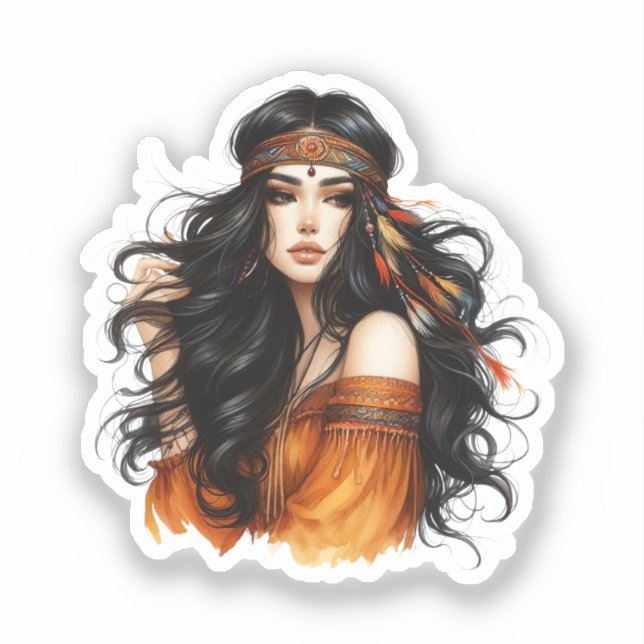 Pegatina Arte de IA de Chica Boho Moda Bohemia (Anverso)