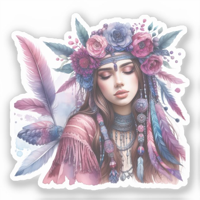 Pegatina Arte de IA de Chica Boho Moda Bohemia (Anverso)