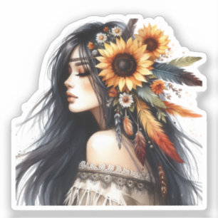 Pegatina Arte de IA de Chica Boho Moda Bohemia