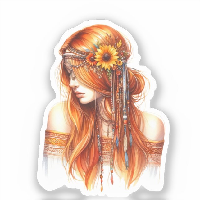 Pegatina Arte de IA de Chica Boho Moda Bohemia (Anverso)