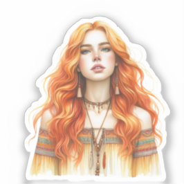 Pegatina Arte de IA de Chica Boho Moda Bohemia