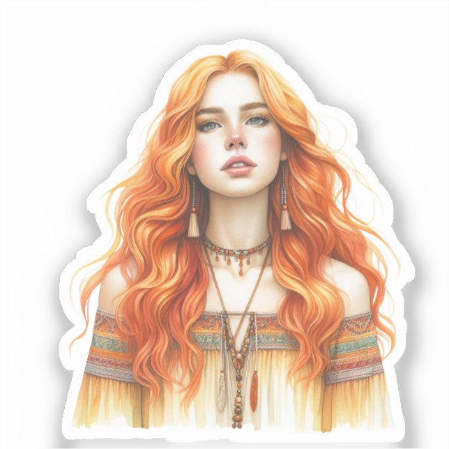 Pegatina Arte de IA de Chica Boho Moda Bohemia (Anverso)