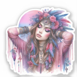Pegatina Arte de IA de Chica Boho Moda Bohemia
