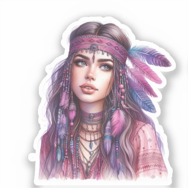 Pegatina Arte de IA de Chica Boho Moda Bohemia (Anverso)
