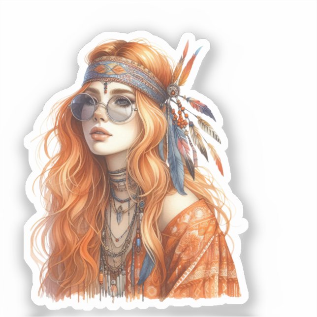 Pegatina Arte de IA de Chica Boho Moda Bohemia (Anverso)