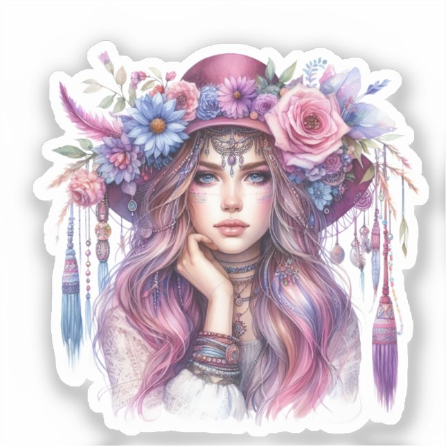 Pegatina Arte de IA de Chica Boho Moda Bohemia (Anverso)