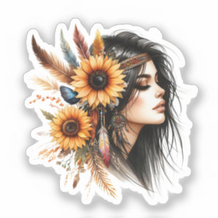 Pegatina Arte de IA de Chica Boho Moda Bohemia