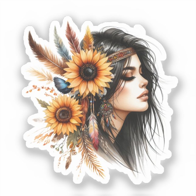 Pegatina Arte de IA de Chica Boho Moda Bohemia (Anverso)