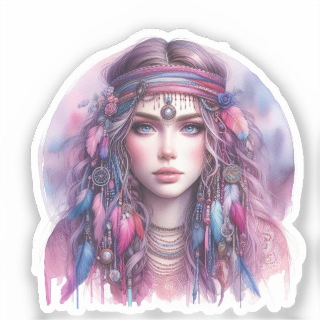 Pegatina Arte de IA de Chica Boho Moda Bohemiana (Anverso)