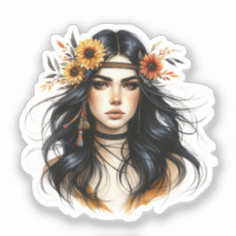 Pegatina Arte de IA de Chica Boho Moda Bohemiana