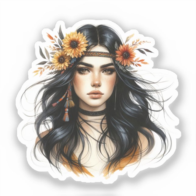 Pegatina Arte de IA de Chica Boho Moda Bohemiana (Anverso)