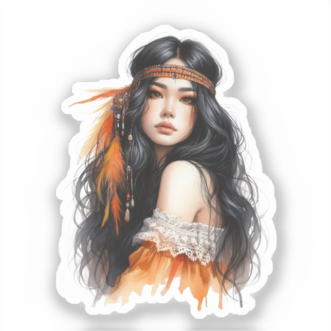 Pegatina Arte de IA de Chica Boho Moda Bohemiana (Anverso)