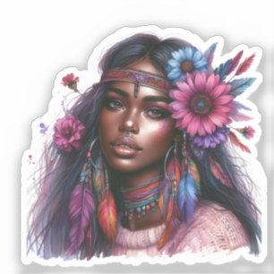 Pegatina Arte de IA de Chica Boho Moda Bohemiana