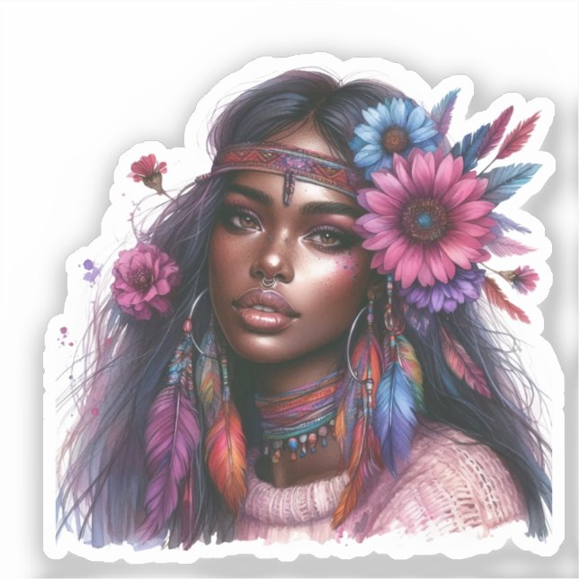 Pegatina Arte de IA de Chica Boho Moda Bohemiana (Anverso)