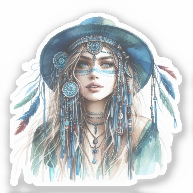 Pegatina Arte de IA de Chica Boho Moda Bohemiana (Anverso)