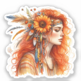Pegatina Arte de IA de Chica Boho Moda Bohemiana