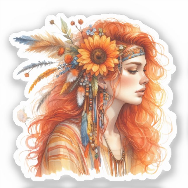 Pegatina Arte de IA de Chica Boho Moda Bohemiana (Anverso)