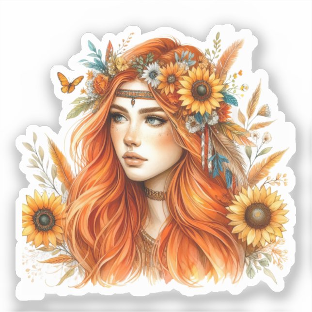 Pegatina Arte de IA de Chica Boho Moda Bohemiana (Anverso)