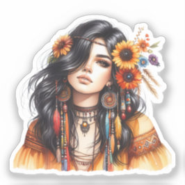 Pegatina Arte de IA de Chica Boho Moda Bohemiana